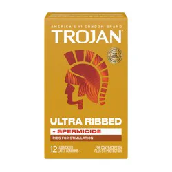 Trojan Ultra Ribbed Spermicidal Lubricated Latex Condoms, 12 Count