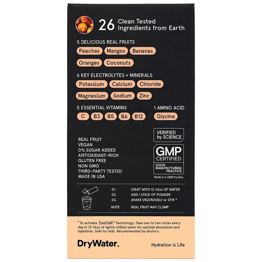slide 2 of 5, DryWater Electrolyte + Vitamins Complete Stick Packs Peach Mango Hydration Powder 6 Packs, 0.39 oz x 6 ct