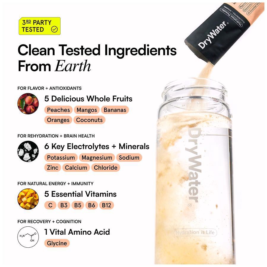 slide 4 of 5, DryWater Electrolyte + Vitamins Complete Stick Packs Peach Mango Hydration Powder 6 Packs, 0.39 oz x 6 ct