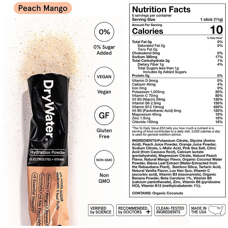 slide 5 of 5, DryWater Electrolyte + Vitamins Complete Stick Packs Peach Mango Hydration Powder 6 Packs, 0.39 oz x 6 ct