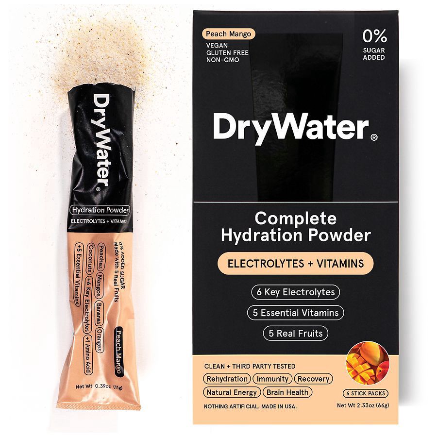 slide 1 of 5, DryWater Electrolyte + Vitamins Complete Stick Packs Peach Mango Hydration Powder 6 Packs, 0.39 oz x 6 ct