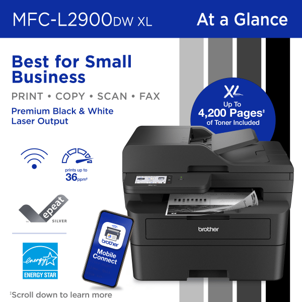 slide 2 of 10, Brother MFC-L2900DW XL Wireless Compact Monochrome Laser Printer with Duplex, Mobile Printing, 1 ct