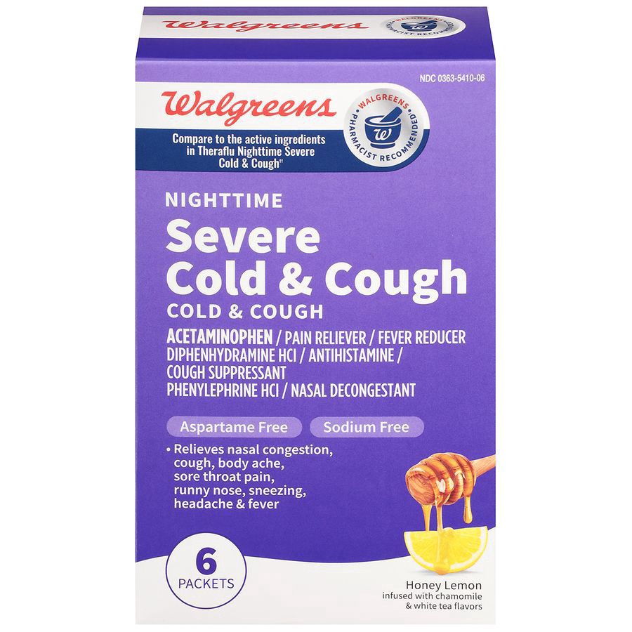 slide 1 of 5, Walgreens Nighttime Severe Cold & Cough Packets Honey Lemon Infused with Chamomile & White Tea, 6 ct