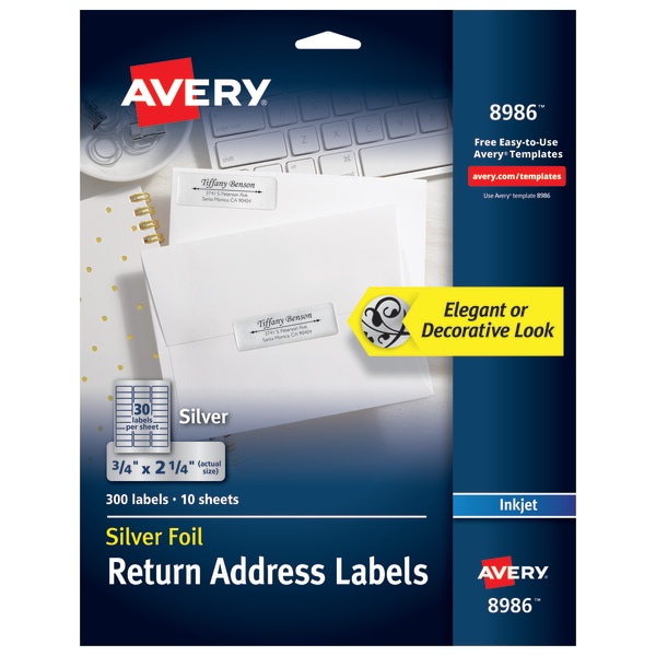 slide 1 of 6, Avery Permanent Inkjet Foil Mailing Labels, 8986, Silver, 300 ct; 3/4 in x 2 1/4 in