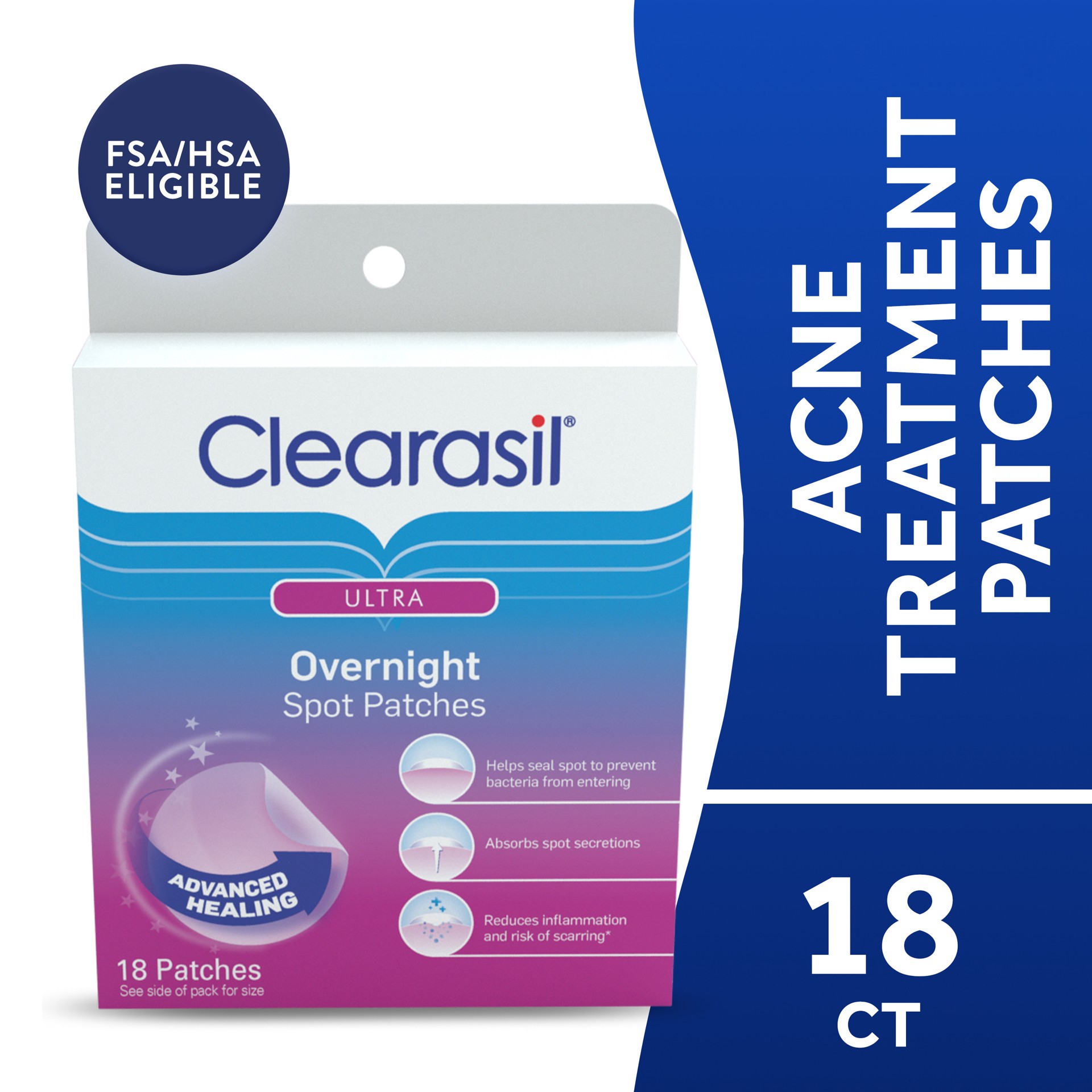 slide 1 of 9, Clearasil Overnight Spot Patches, Advanced Healing Hydrocolloid Acne Pimple Treatment, Blemish Spot Stickers for Face, 18 Count, 18 ct