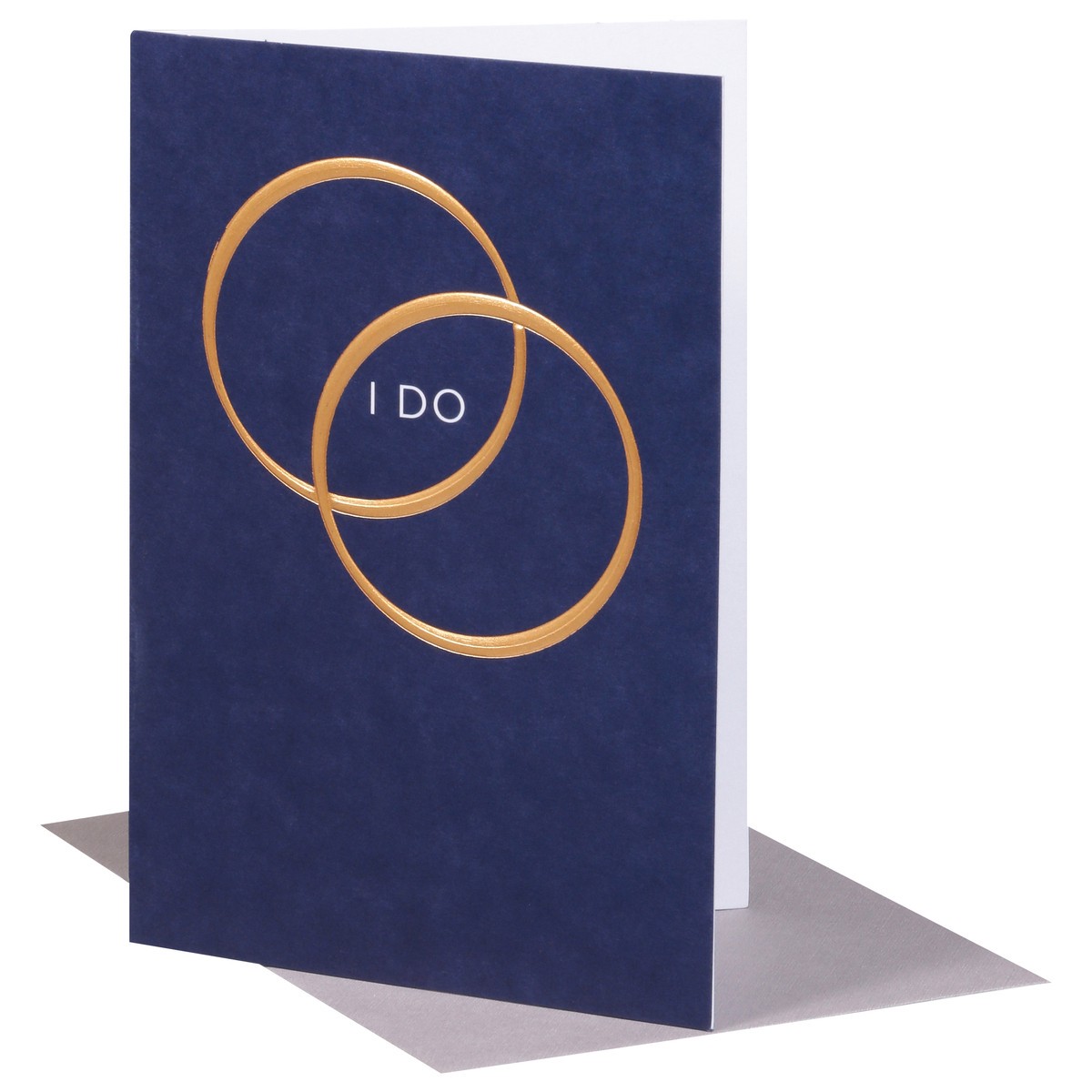 slide 9 of 9, American Greetings Ring in their new lives together with this elegant wedding card. The design features two metallic gold wedding bands on a navy blue background and the words “I DO” on the front. The inside contains simple words of congratulations for the happy couple. It's suitable for sending to any twosome on their happy day. Envelope included., 1 ct
