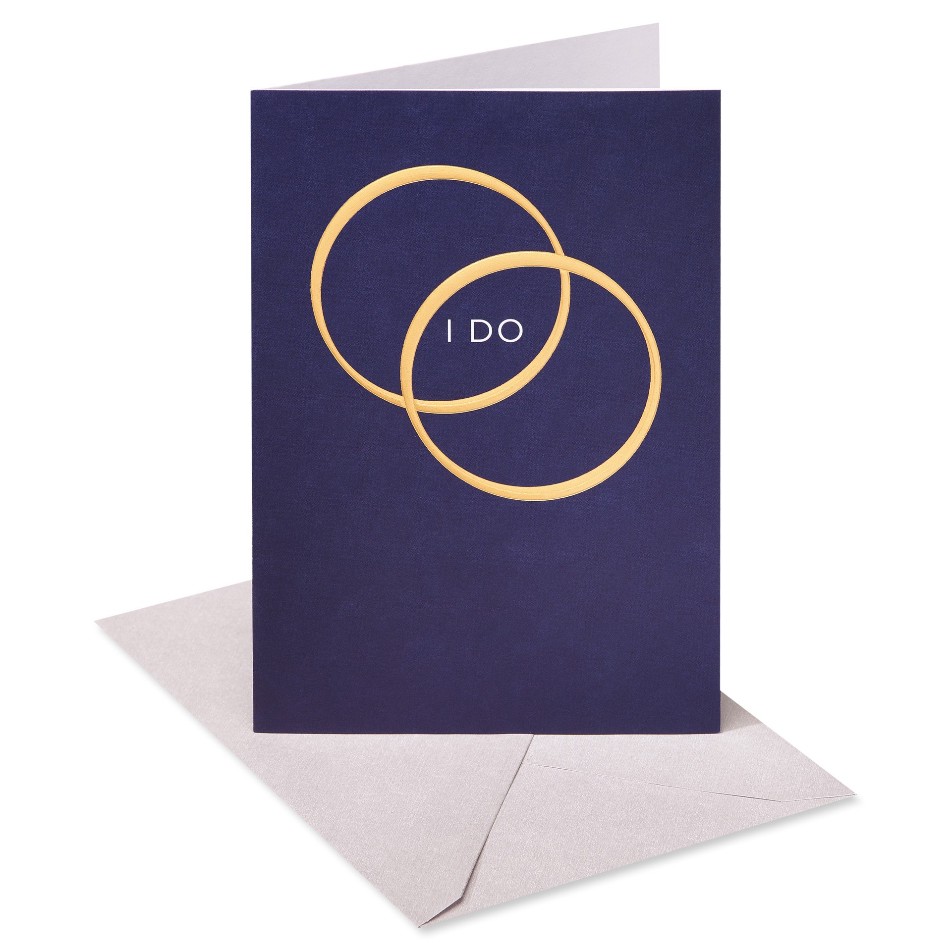 slide 1 of 9, American Greetings Ring in their new lives together with this elegant wedding card. The design features two metallic gold wedding bands on a navy blue background and the words “I DO” on the front. The inside contains simple words of congratulations for the happy couple. It''s suitable for sending to any twosome on their happy day. Envelope included., 1 ct