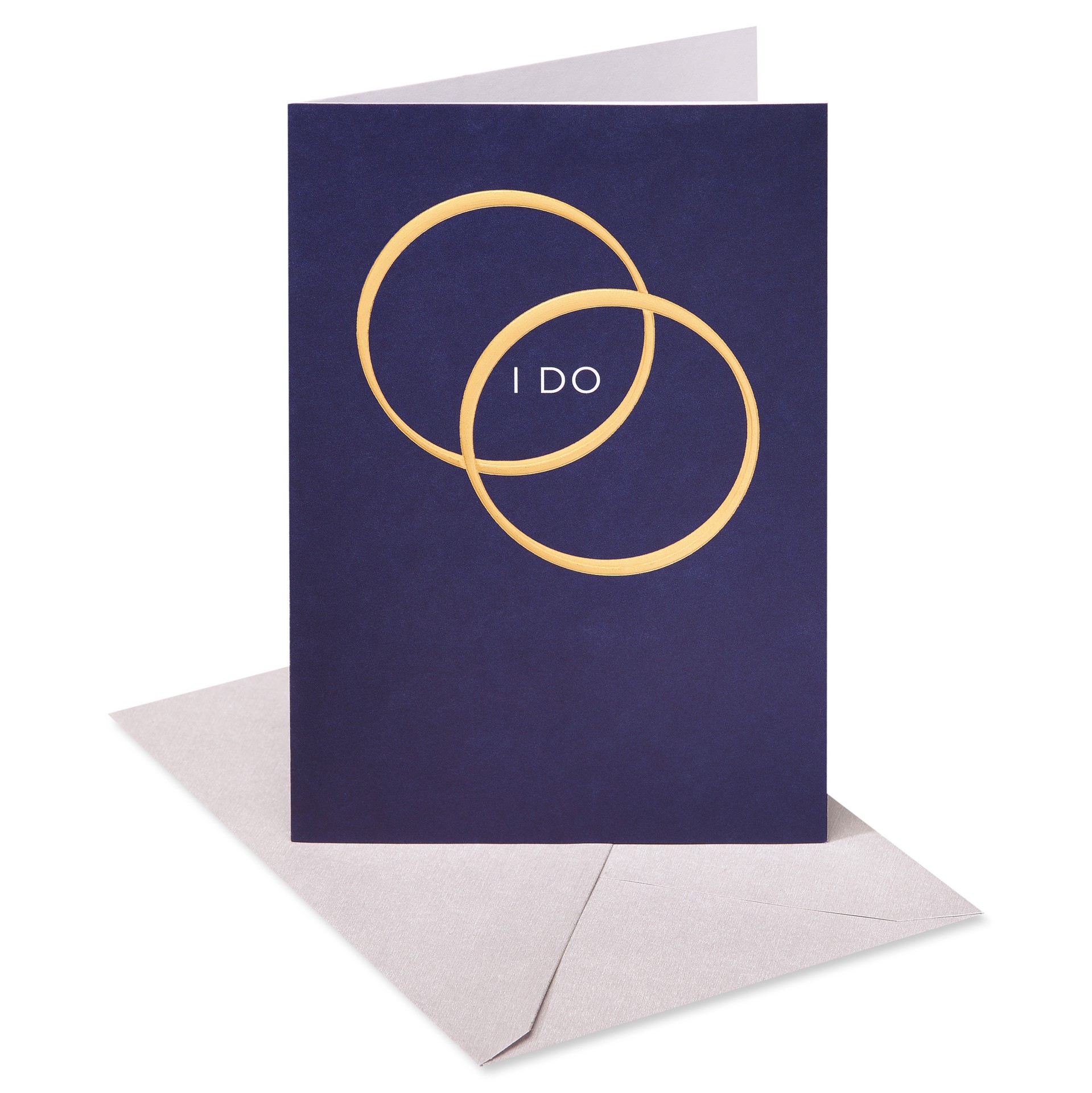slide 1 of 9, American Greetings Ring in their new lives together with this elegant wedding card. The design features two metallic gold wedding bands on a navy blue background and the words “I DO” on the front. The inside contains simple words of congratulations for the happy couple. It's suitable for sending to any twosome on their happy day. Envelope included., 1 ct