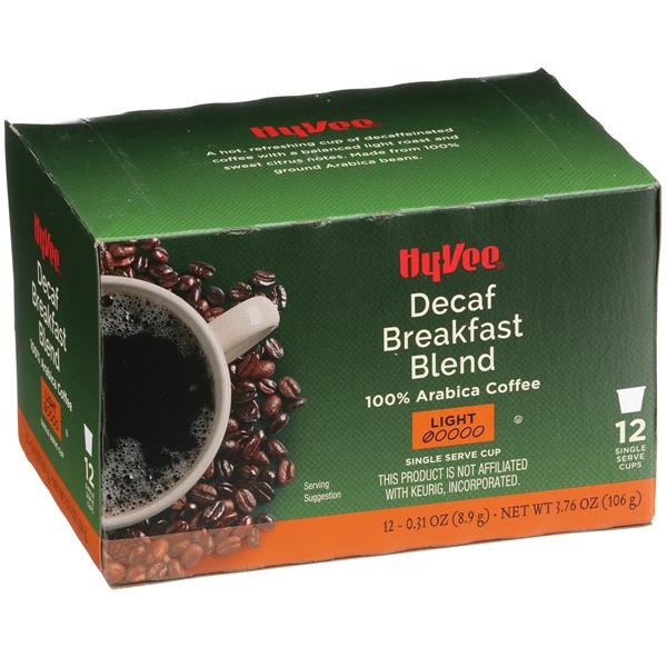 slide 1 of 1, Hy-vee Light Roast Decaf Breakfast Blend 100% Arabica Coffee Single Serve Cups - 12 ct, 12 ct