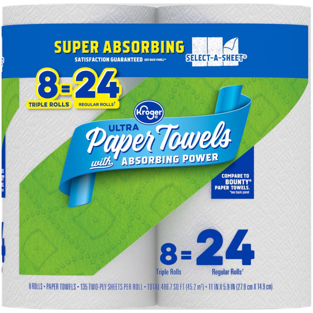slide 5 of 5, Kroger® Ultra Absorbing Power Paper Towels Triple Rolls, 8 ct