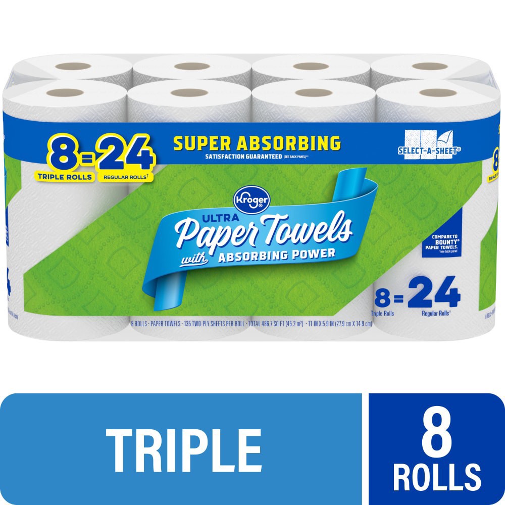 slide 1 of 5, Kroger® Ultra Absorbing Power Paper Towels Triple Rolls, 8 ct