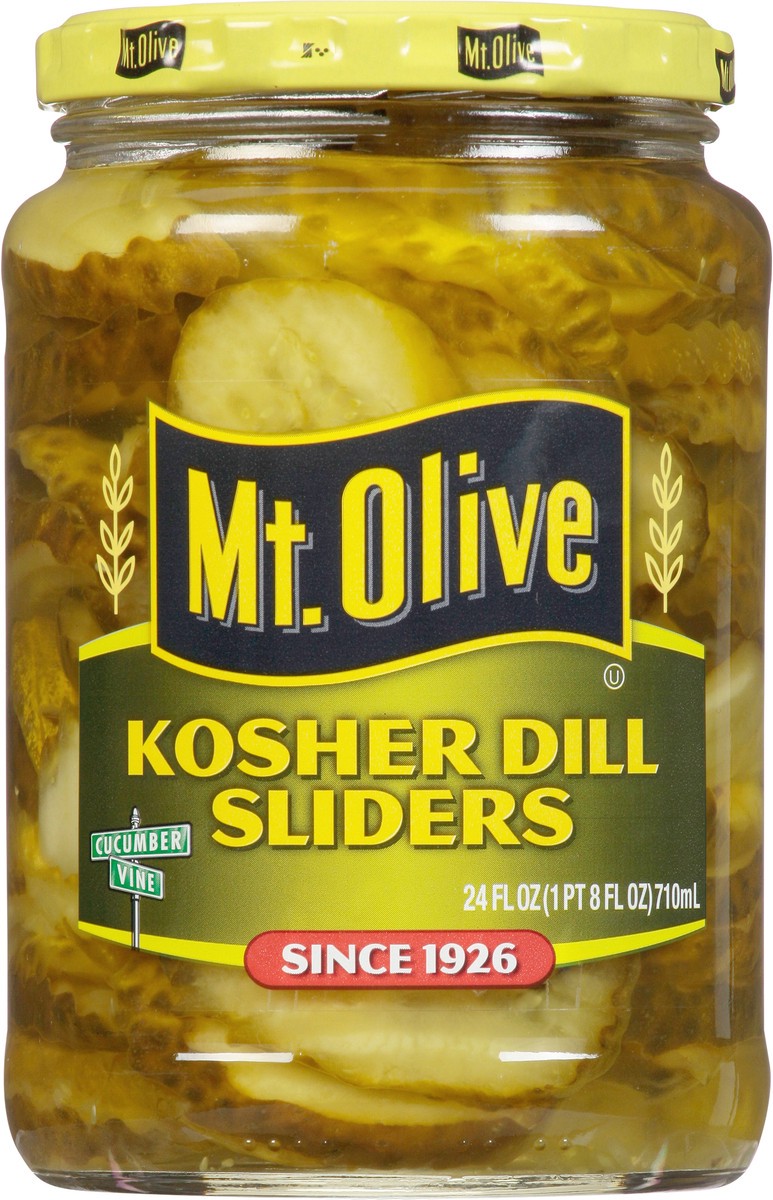 slide 6 of 9, Mt. Olive Kosher Dill Sliders Pickles, 24 fl oz