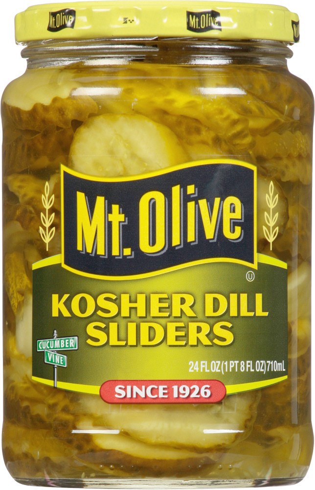 slide 1 of 9, Mt. Olive Kosher Dill Sliders Pickles, 24 fl oz