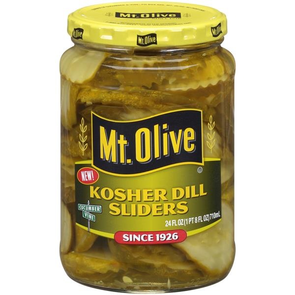 slide 1 of 1, Mt. Olive Kosher Dill Sliders Pickles, 24 fl oz