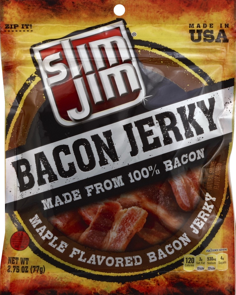 slide 4 of 4, Slim Jim Bacon Jerky, Maple Flavor Meat Snacks, 2.75 oz. Resealable Bag, 2.75 oz