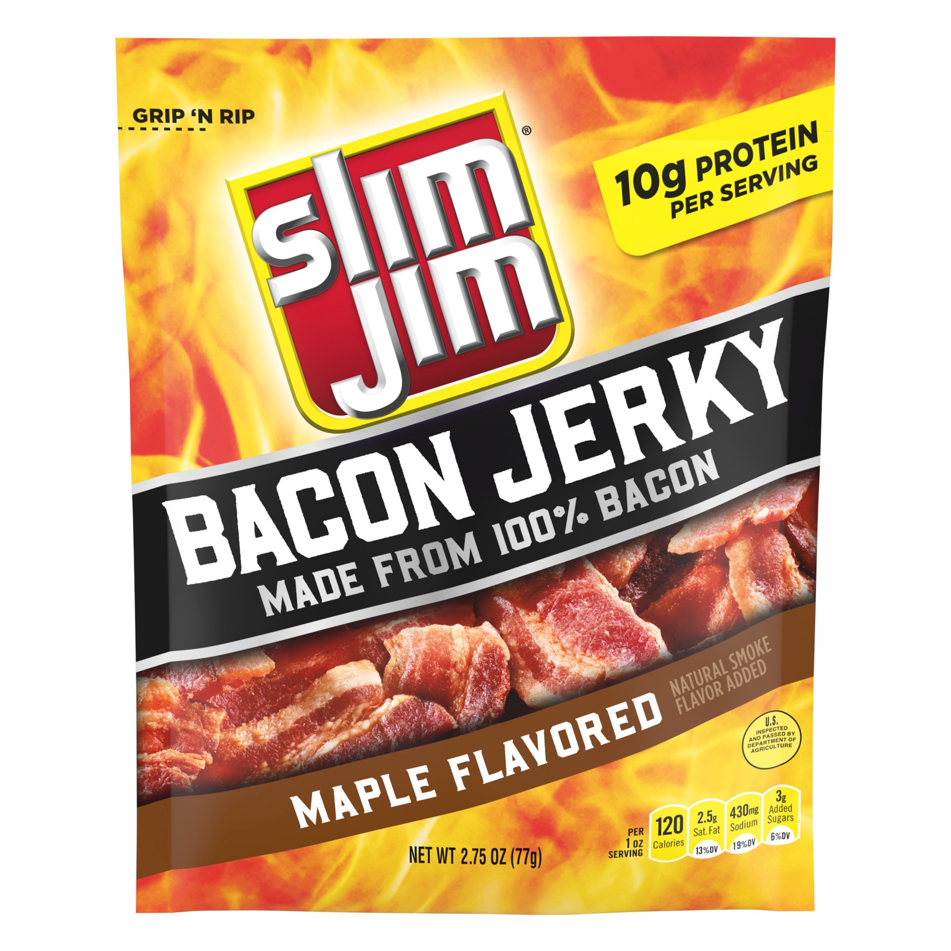 slide 1 of 4, Slim Jim Bacon Jerky, Maple Flavor Meat Snacks, 2.75 oz. Resealable Bag, 2.75 oz