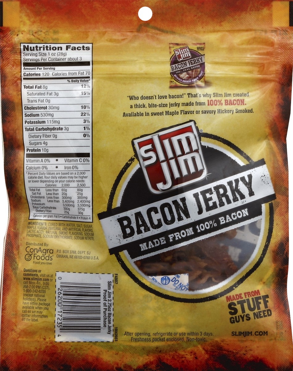 slide 2 of 4, Slim Jim Bacon Jerky, Maple Flavor Meat Snacks, 2.75 oz. Resealable Bag, 2.75 oz