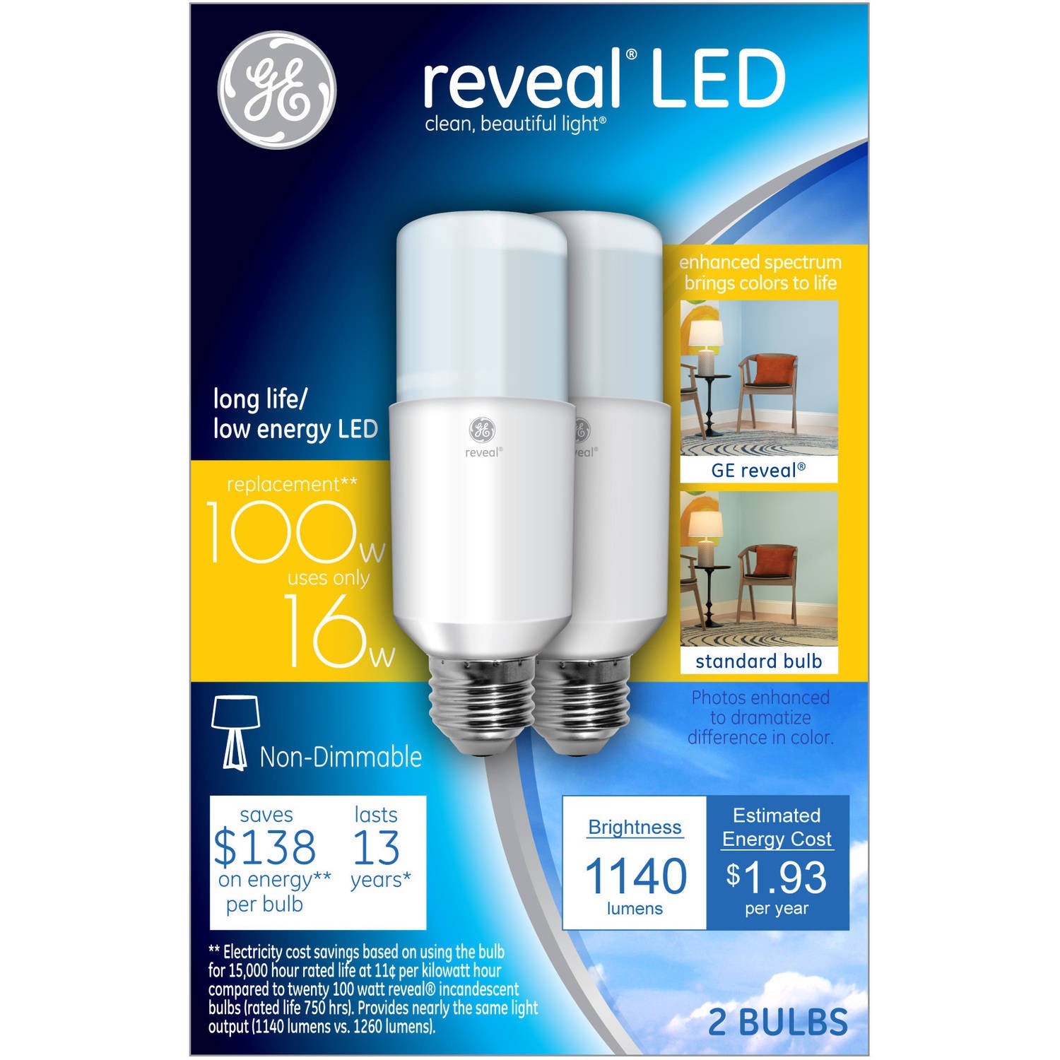 slide 1 of 1, GE Led 100w Reveal Led Bright Stik, 2 ct