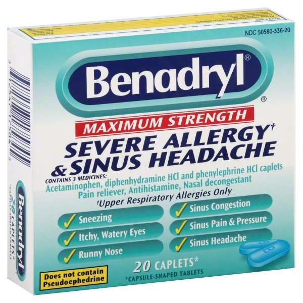 slide 1 of 1, Benadryl Severe Allergy & Sinus Headache, Maximum Strength, Caplets, 20 ct