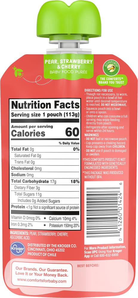 slide 2 of 2, Comforts Baby Food Puree - Pear/Strawberry/Cherry, 4 oz