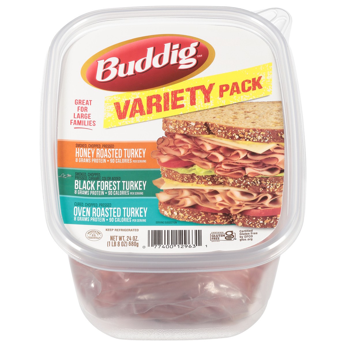 slide 1 of 12, Buddig Variety Pack Honey Roasted Turkey/Black Forest Turkey/Oven Roasted Turkey Lunch Meat 24 oz, 24 oz