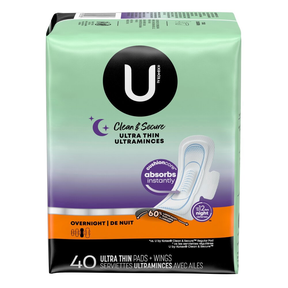 slide 1 of 1, U by Kotex Clean & Secure Ultra Thin Overnight Pads with Wings, 40 Count, 40 ct