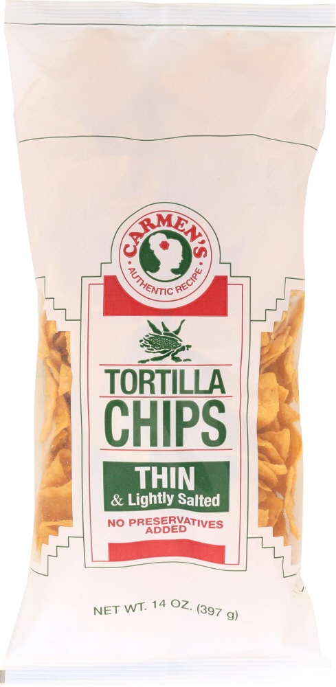 slide 1 of 1, Carmen's Thin & Lightly Salted Tortilla Chips, 14 oz