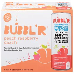 BUBBL'R Antioxidant Peach Raspberry Dazzl'r Sparkling Water, 6 - 12 fl oz Cans