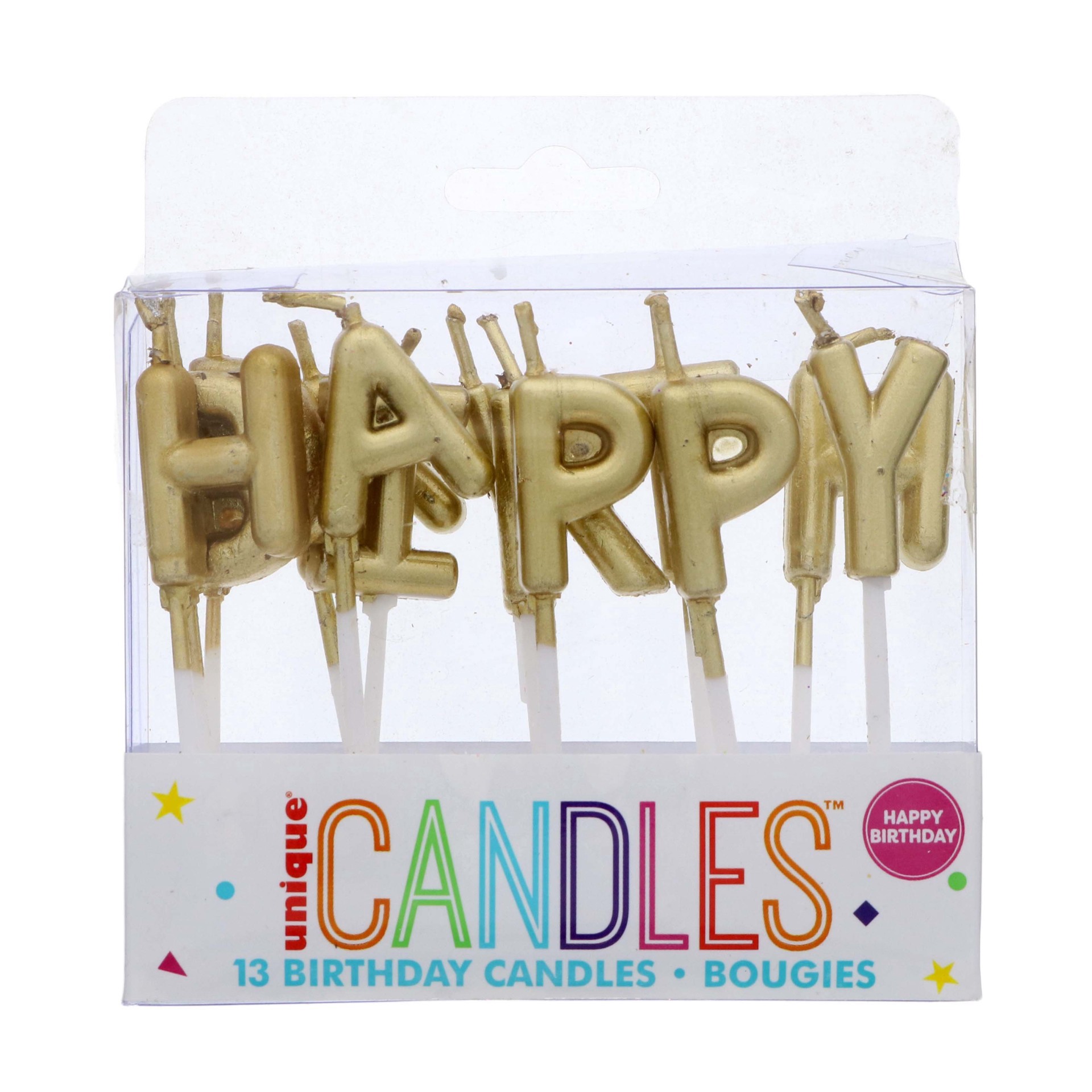 slide 1 of 1, unique Gold Happy Birthday Letter Candles, 13 ct