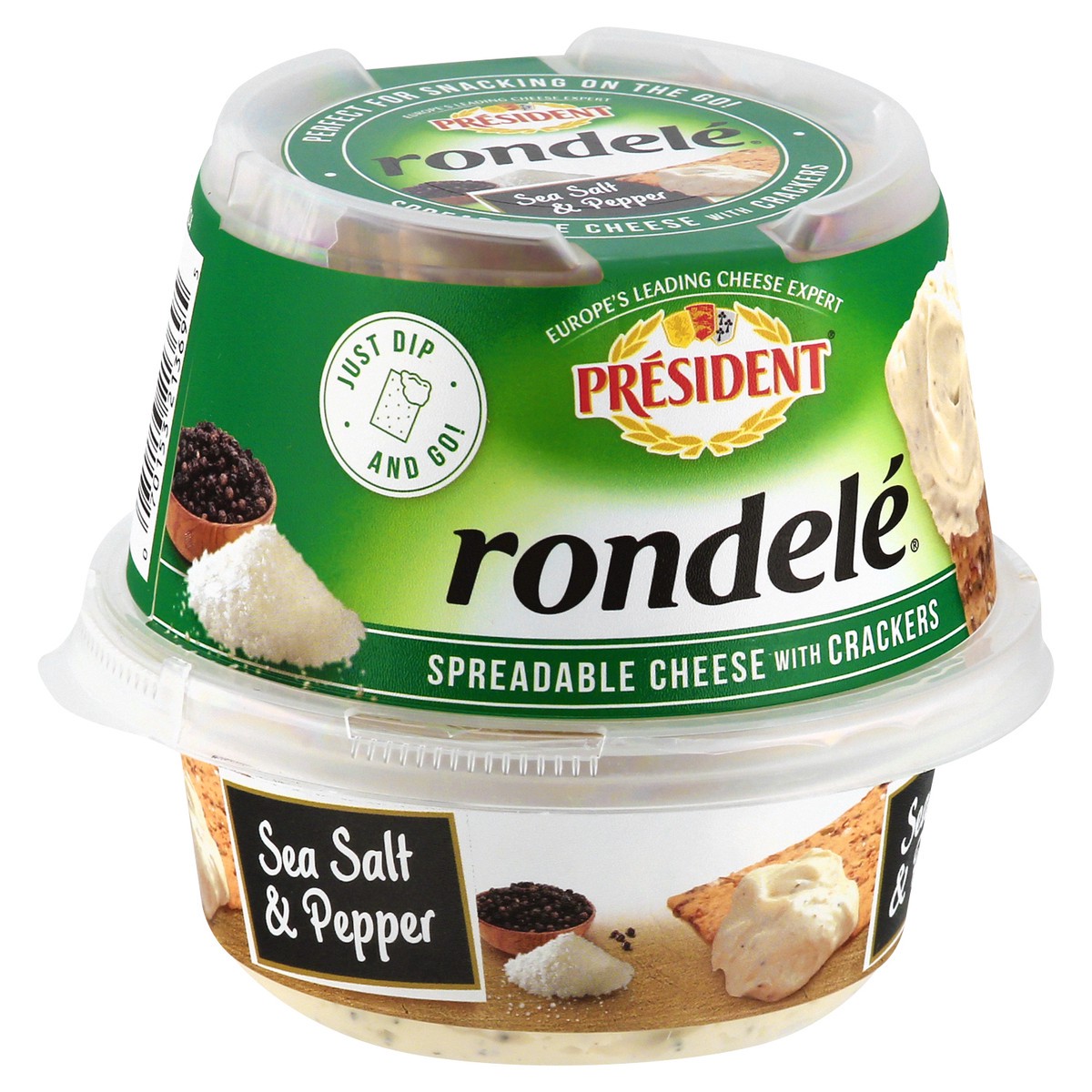 slide 2 of 10, Président President Rondele Spreadable Cheese With Crackers, Sea Salt & Pepper, 3.2 oz