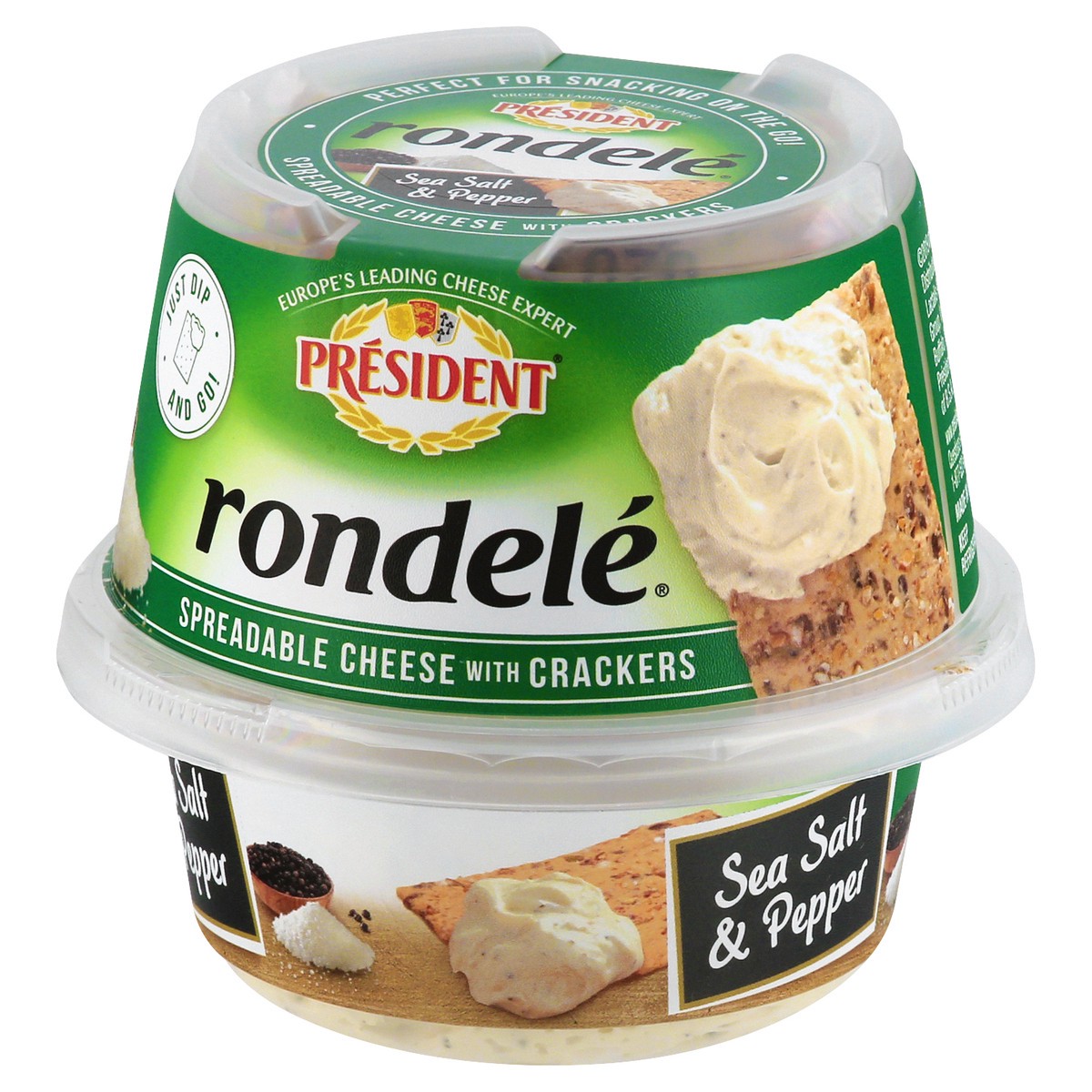 slide 6 of 10, Président President Rondele Spreadable Cheese With Crackers, Sea Salt & Pepper, 3.2 oz