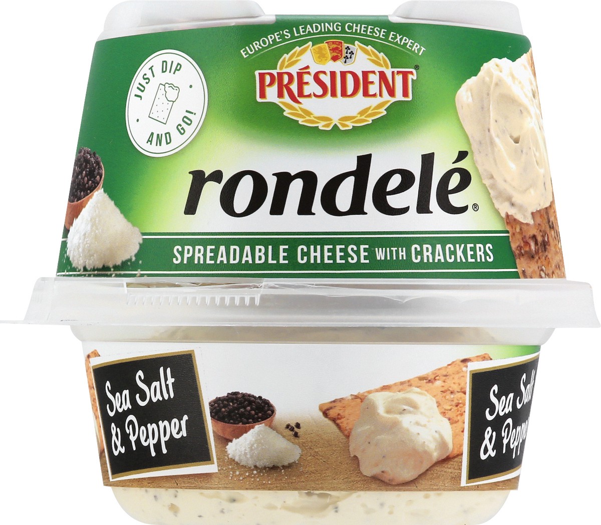 slide 8 of 10, Président President Rondele Spreadable Cheese With Crackers, Sea Salt & Pepper, 3.2 oz