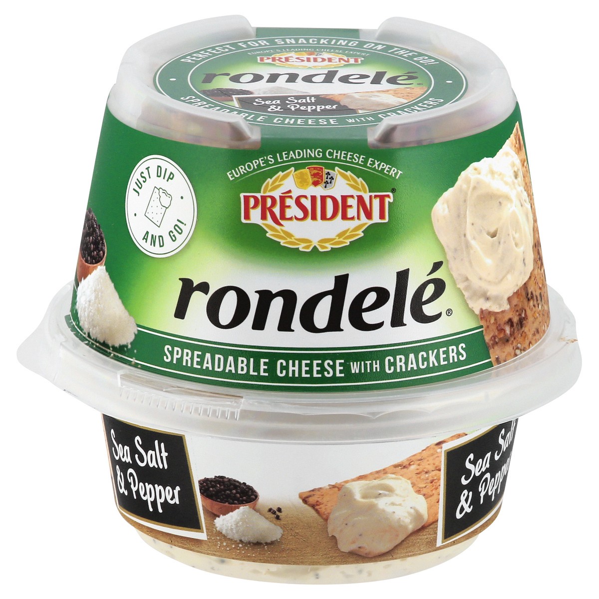 slide 1 of 10, Président President Rondele Spreadable Cheese With Crackers, Sea Salt & Pepper, 3.2 oz