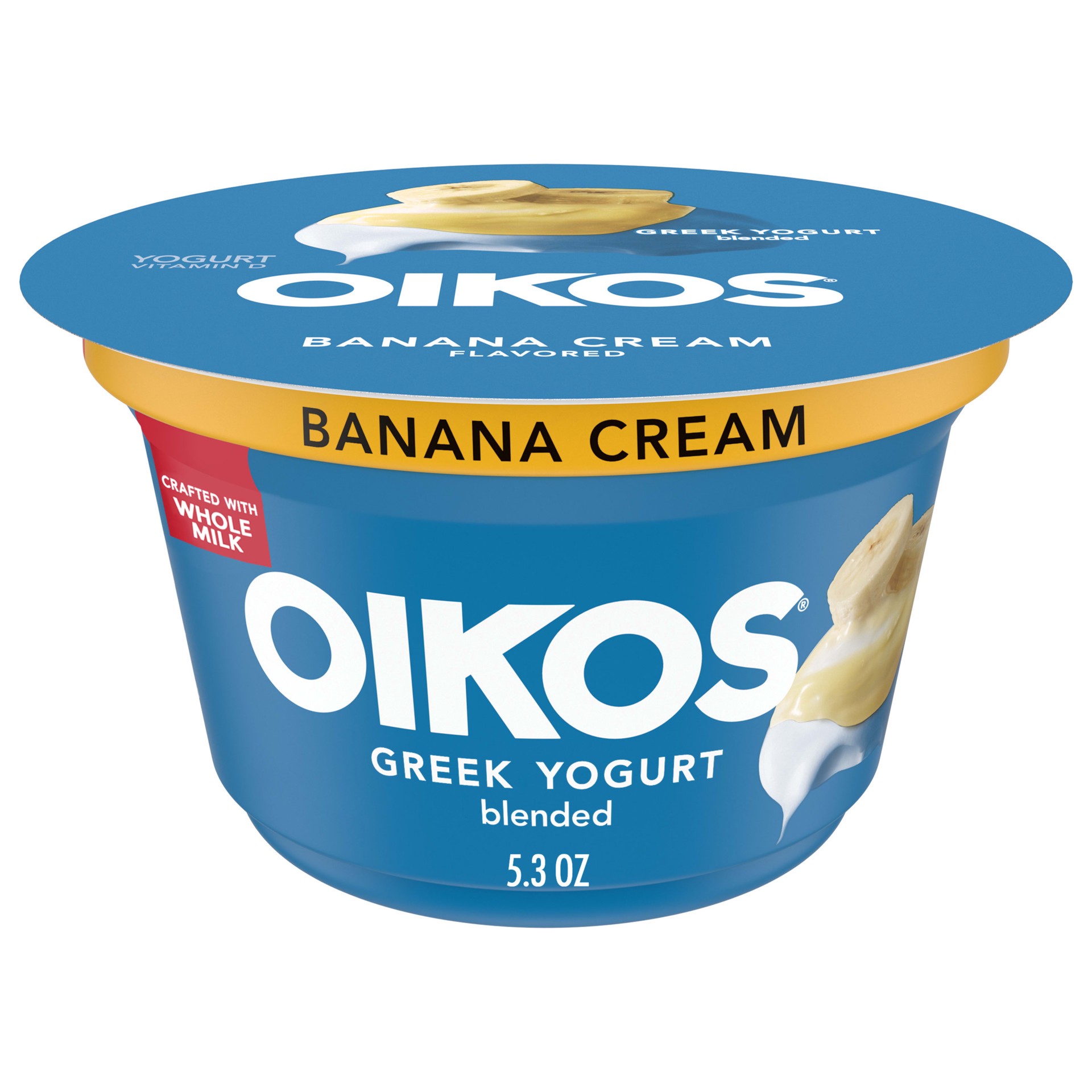 slide 1 of 9, Oikos Whole Milk Greek Yogurt, Banana Cream, 5.3 oz., 5.3 oz