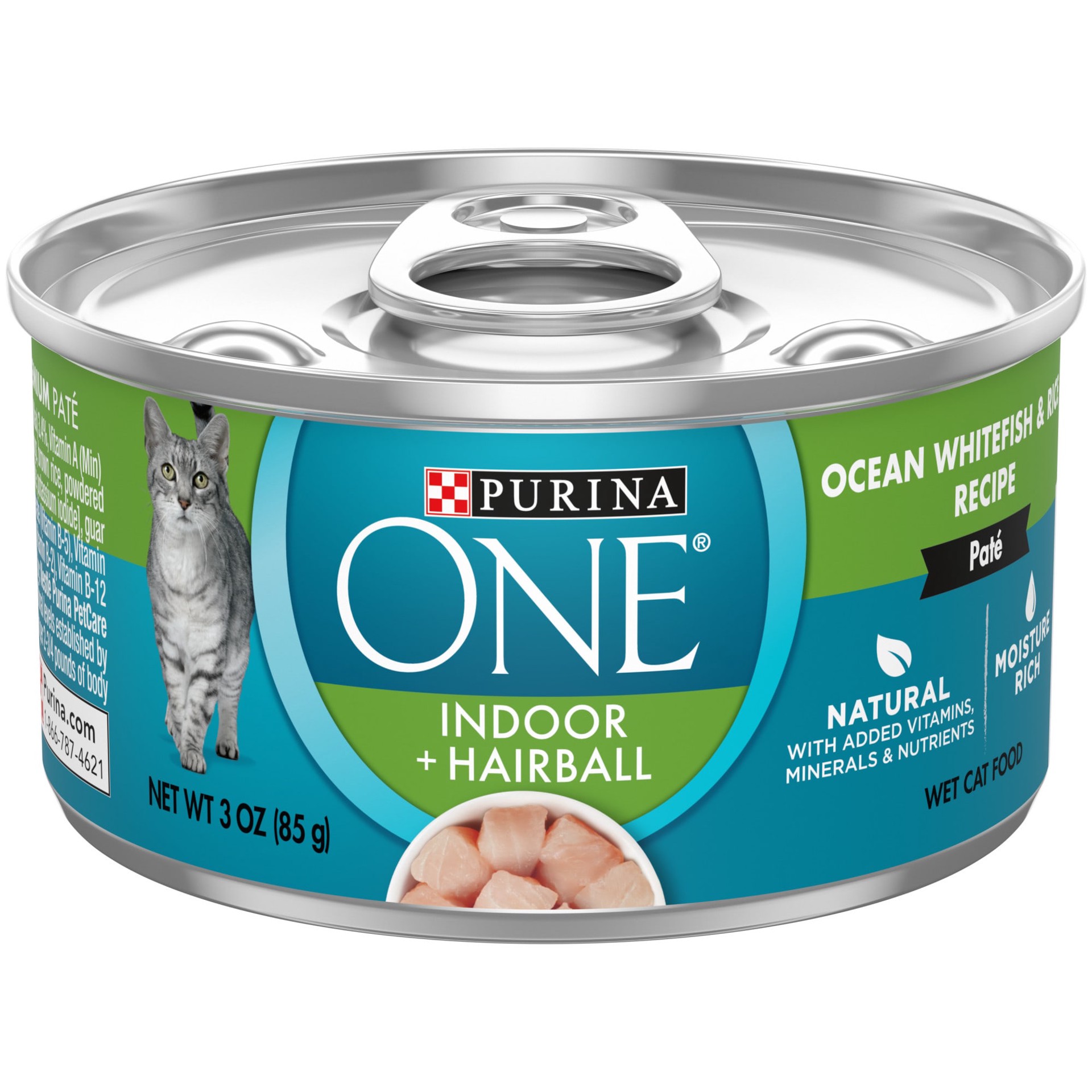 slide 1 of 7, ONE Purina ONE Indoor, Natural, High Protein Pate Wet Cat Food, Indoor Advantage Ocean Whitefish & Rice, 3 oz