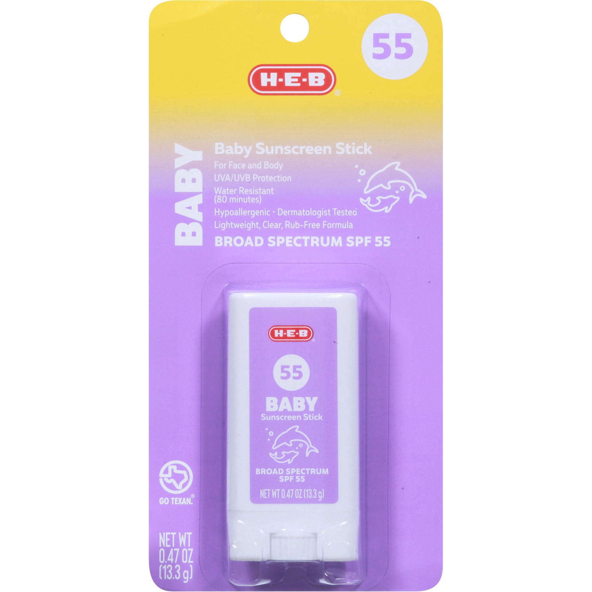 slide 1 of 1, H-E-B Baby Broad Spectrum Sunscreen Stick – SPF 55, 0.47 oz