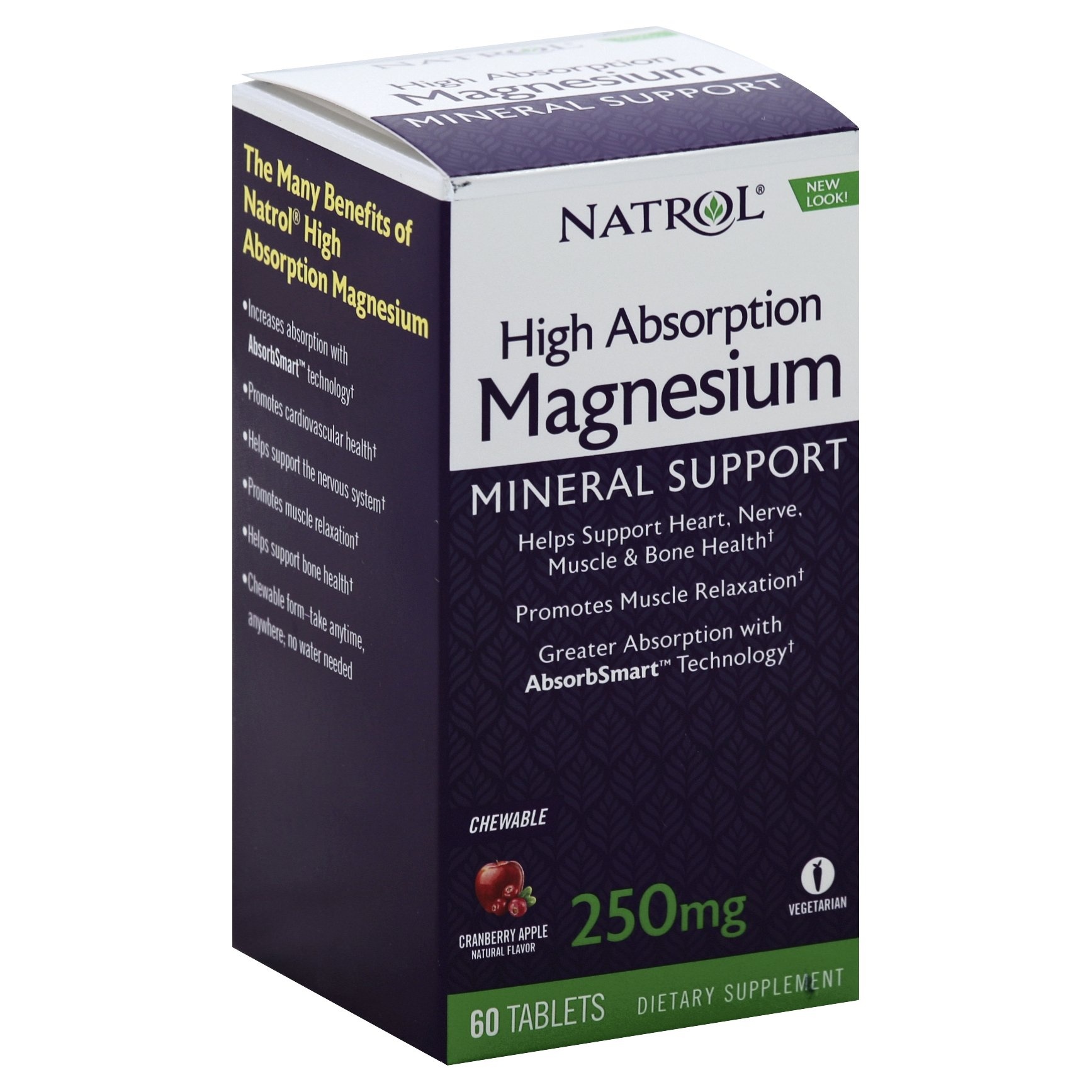 slide 1 of 1, Natrol High Absorption Magnesium Chewable Tablets, Supports Heart, Nerve, Muscle & Bone Health, Cranberry Apple Flavored Dietary Supplement, Drug Free, 60 Tablets, 60 ct