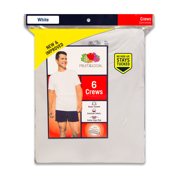 slide 1 of 1, Fruit of the Loom Men's Crews White Small, 6 ct