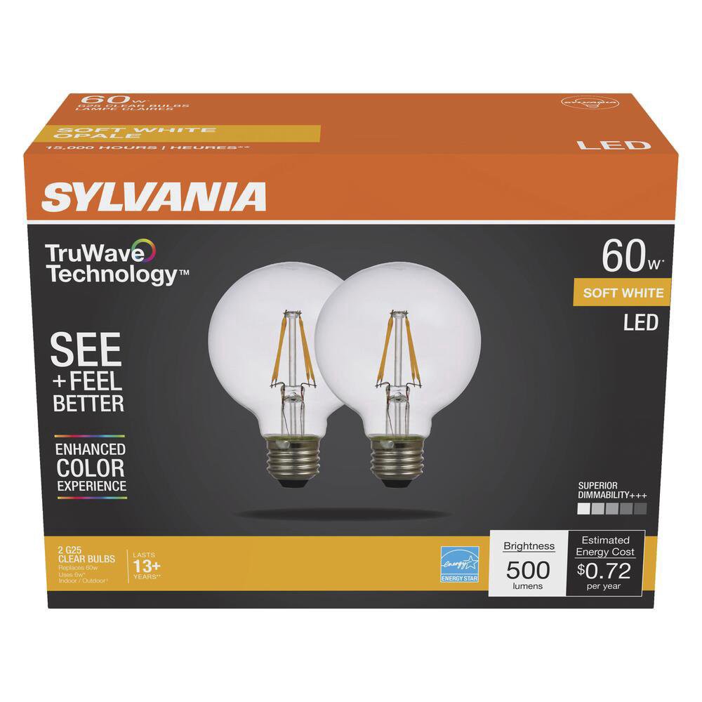 slide 1 of 1, Sylvania TruWave 60-Watt G25 Clear Soft White LED Light Bulbs, 2 ct