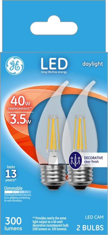 slide 1 of 1, GE LED 3.5-Watt (40-Watt) Daylight Decorative Clear Finish Light Bulb - 2 Pack, 2 ct