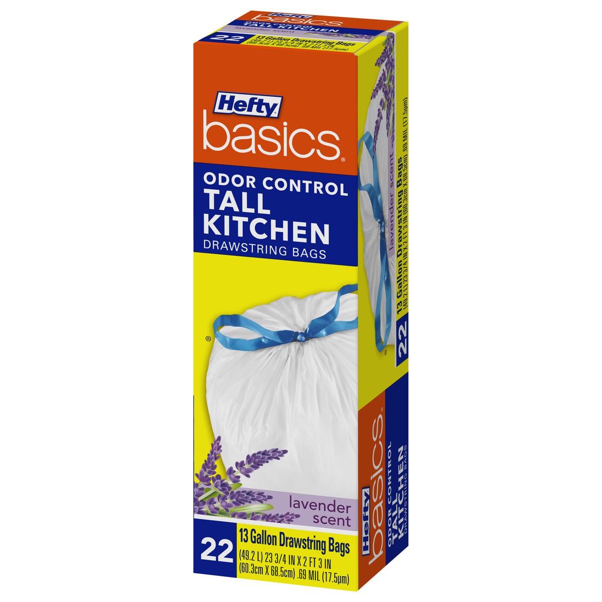 Hefty Basics Odor Control 13 Gallon Tall Kitchen Drawstring Bags 22 ct Lavender Scent Box