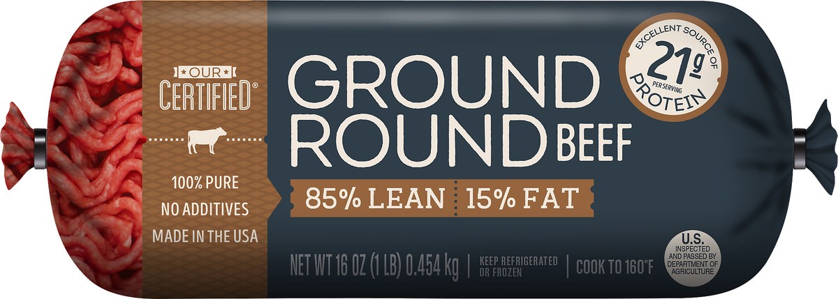 slide 3 of 5, Our Certified  85% Lean / 15% Fat, Ground Round Beef Roll, 1 lb., 1 lb