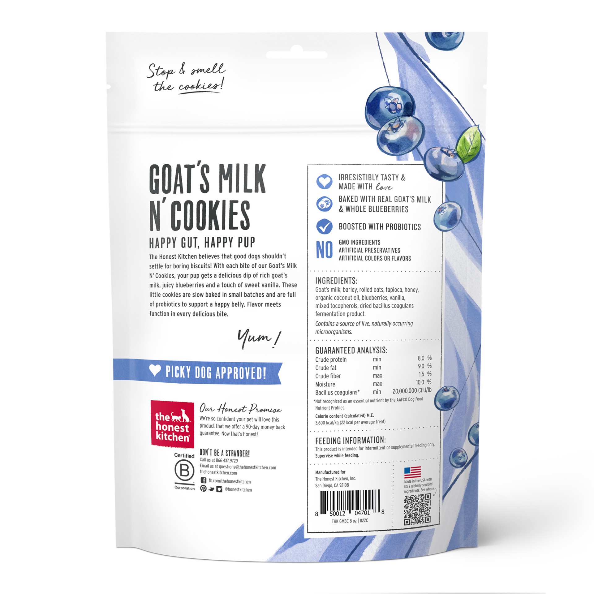 slide 3 of 3, The Honest Kitchen Goat's Milk N' Cookies Goat's Milk N' Cookies: Slow Baked with Blueberries & Vanilla, 8 oz Bag, 8 oz
