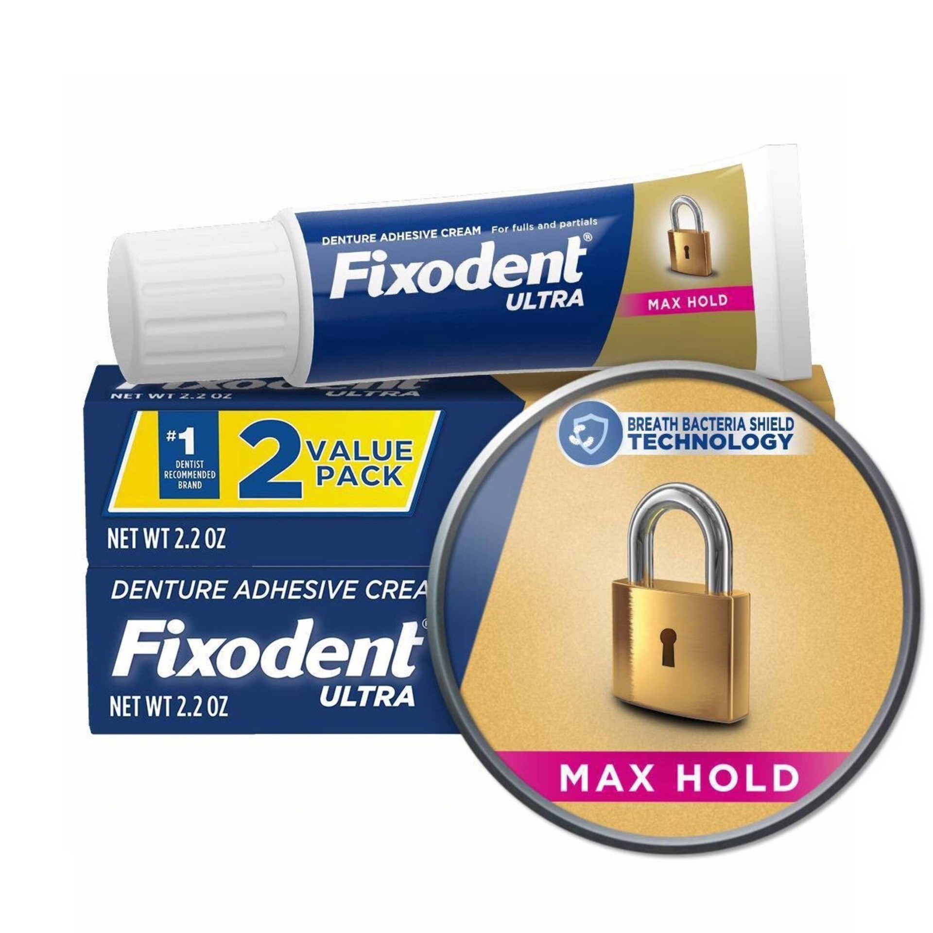 slide 2 of 12, Fixodent Ultra Max Hold Secure Denture Adhesive 2.2oz (Twin Pack), 2 ct