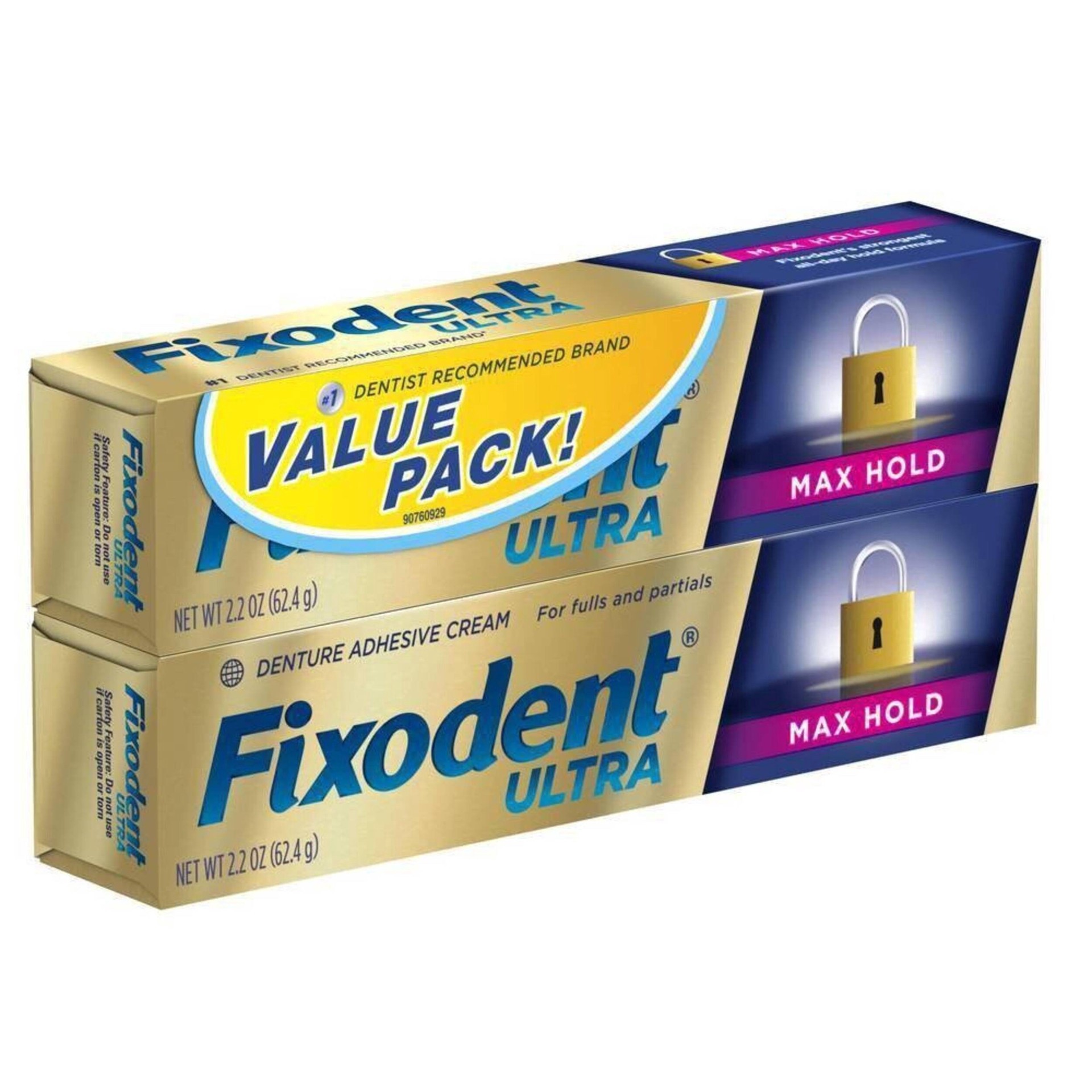 slide 7 of 12, Fixodent Ultra Max Hold Secure Denture Adhesive 2.2oz (Twin Pack), 2 ct