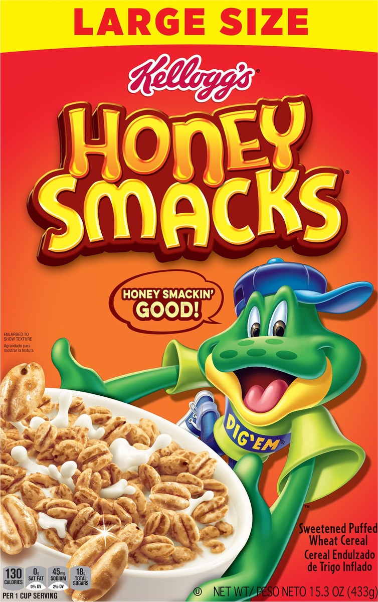 slide 5 of 8, Honey Smacks Kellogg's Honey Smacks Breakfast Cereal, Made with Whole Grain, Kids Snacks, Large Size, Original, 15.3oz Box, 1 Box, 15.3 oz
