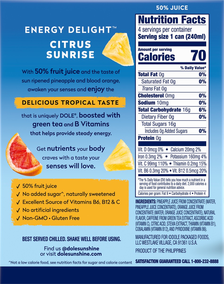 slide 5 of 9, Dole Energy Delight Citrus Sunrise Fruit Juice Drink - 4 ct, 4 ct