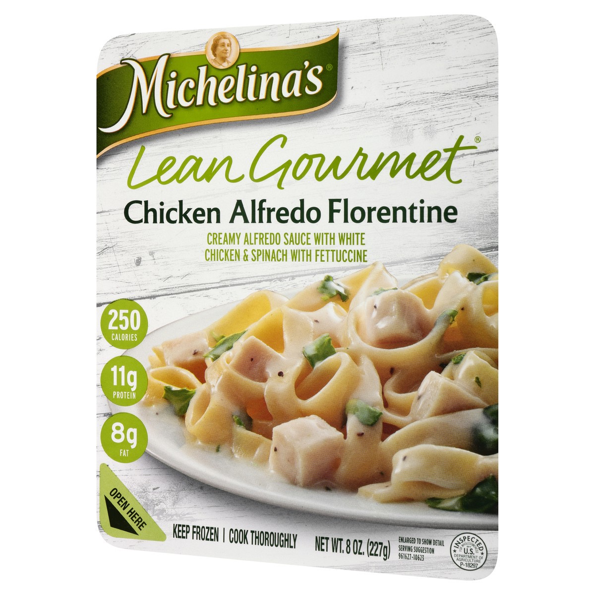 slide 2 of 10, Michelina's Lean Gourmet Chicken Alfredo Florentine, 8 oz