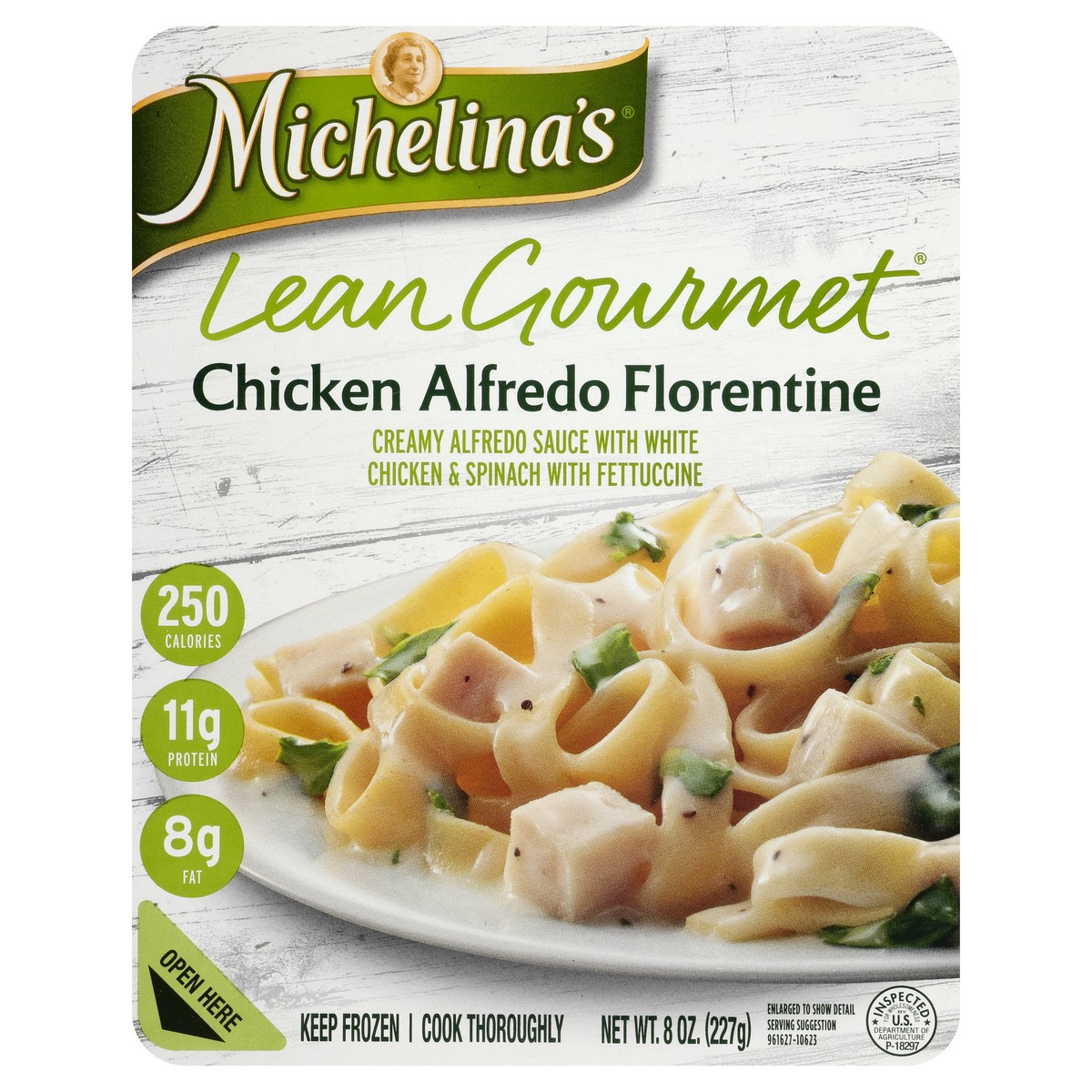 slide 1 of 10, Michelina's Lean Gourmet Chicken Alfredo Florentine, 8 oz
