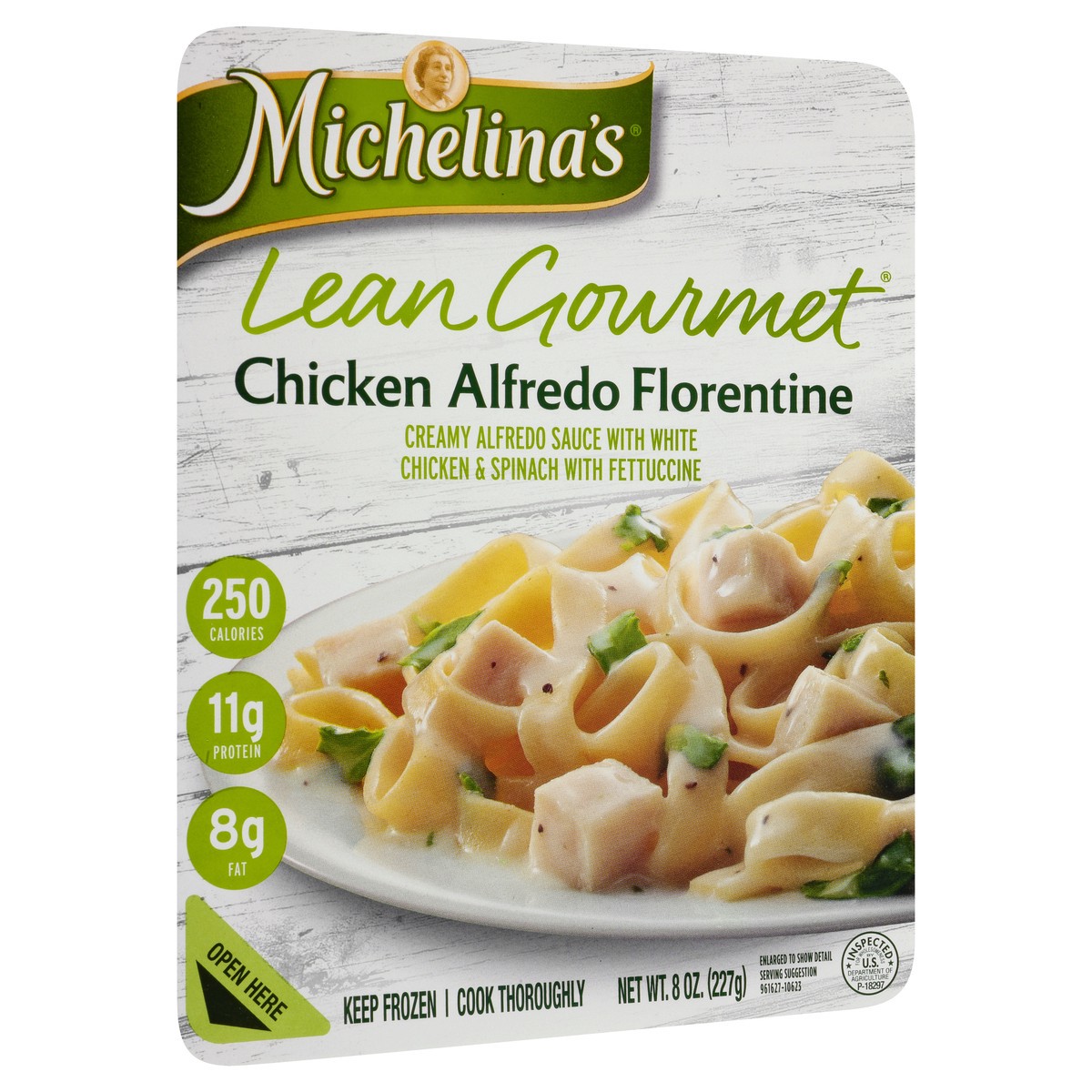 slide 10 of 10, Michelina's Lean Gourmet Chicken Alfredo Florentine, 8 oz